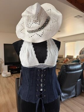 White Lace Bralette with Dark Denim Lace-Up Corset with white hat
